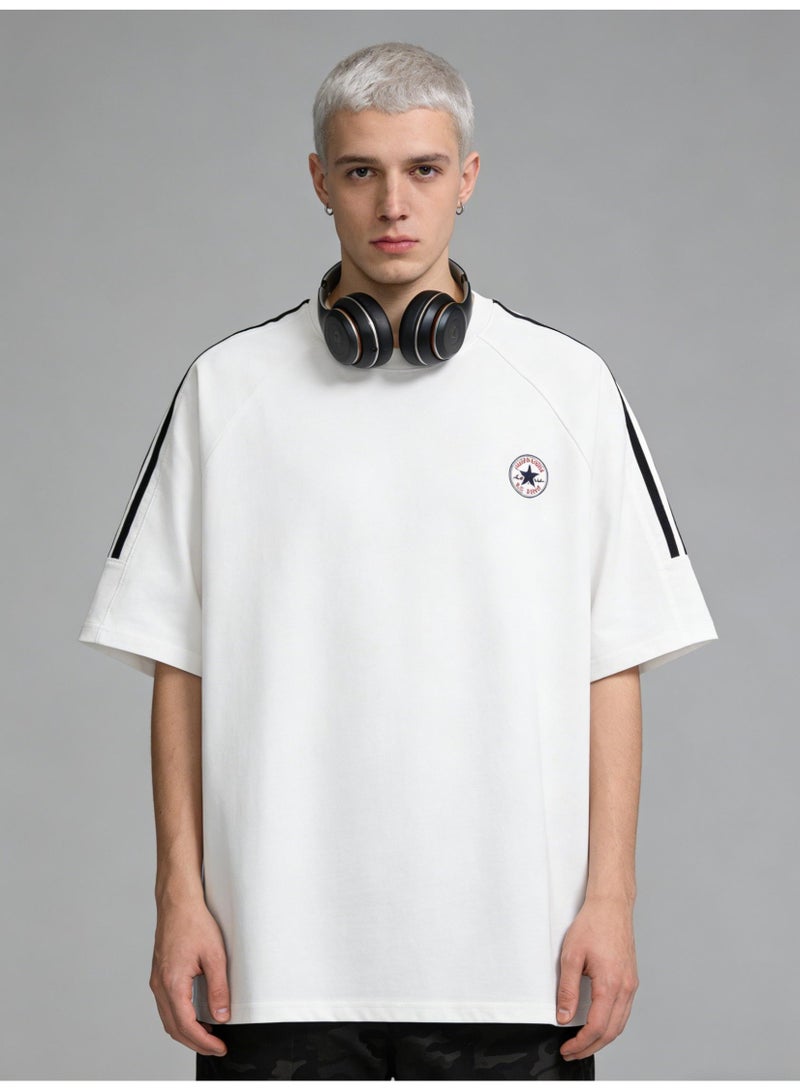 كونفرس Loose T-shirts with LOGO, 300g double-yarn cotton loose T-shirts for men and women with the same paragraph, and 2 short-sleeved round neck shirts for leisure sports. - Image 4