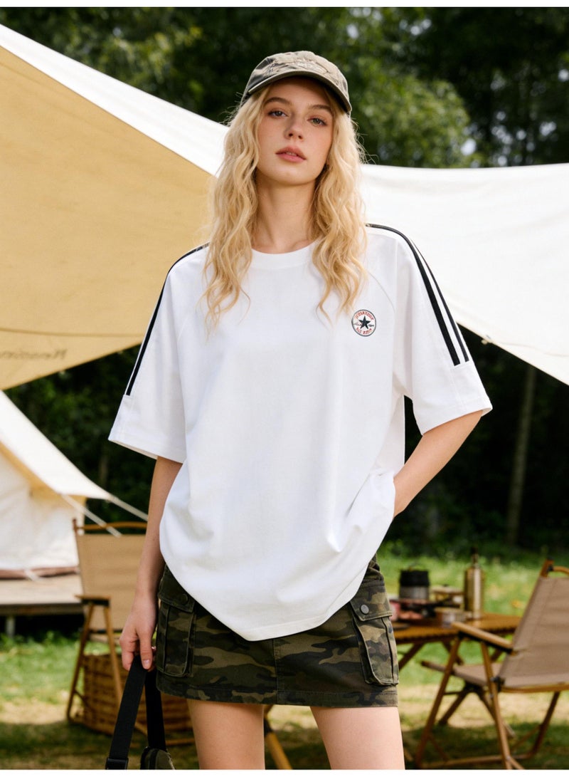 كونفرس Loose T-shirts with LOGO, 300g double-yarn cotton loose T-shirts for men and women with the same paragraph, and 2 short-sleeved round neck shirts for leisure sports. - Image 5
