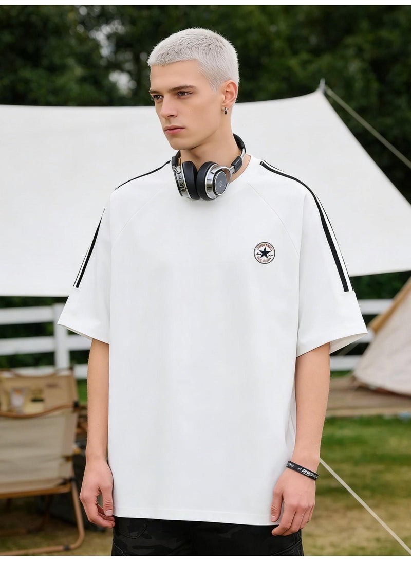 كونفرس Loose T-shirts with LOGO, 300g double-yarn cotton loose T-shirts for men and women with the same paragraph, and 2 short-sleeved round neck shirts for leisure sports. - Image 3