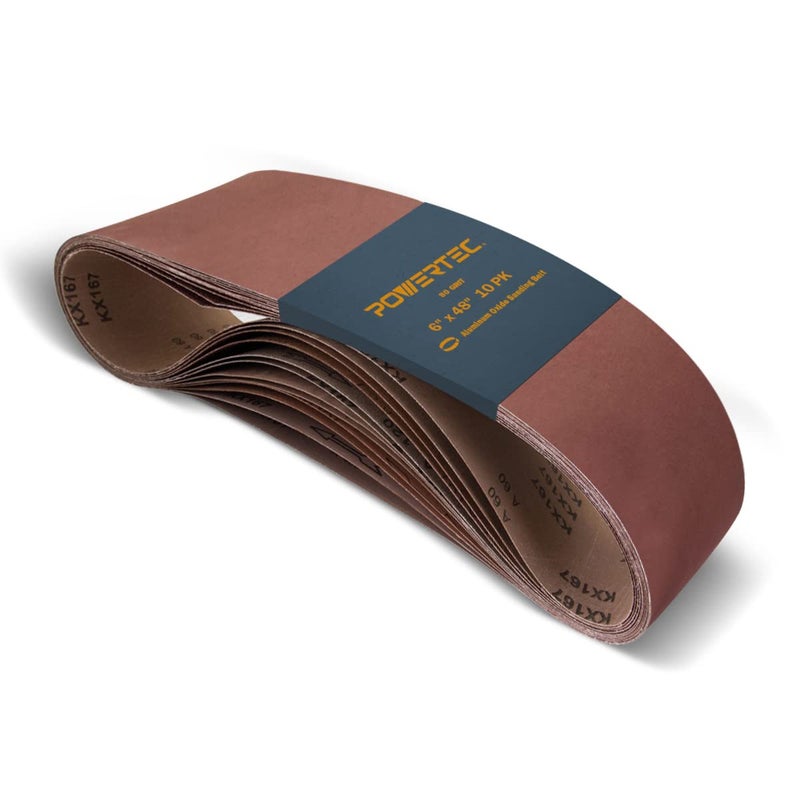 POWERTEC 6 x 48 Inch Sanding Belts 10PK 80 Grit Aluminum Oxide Belt Sander Sanding Belt for Bench Belt Sander Wood Paint Sanding Metal Polishing 110530V