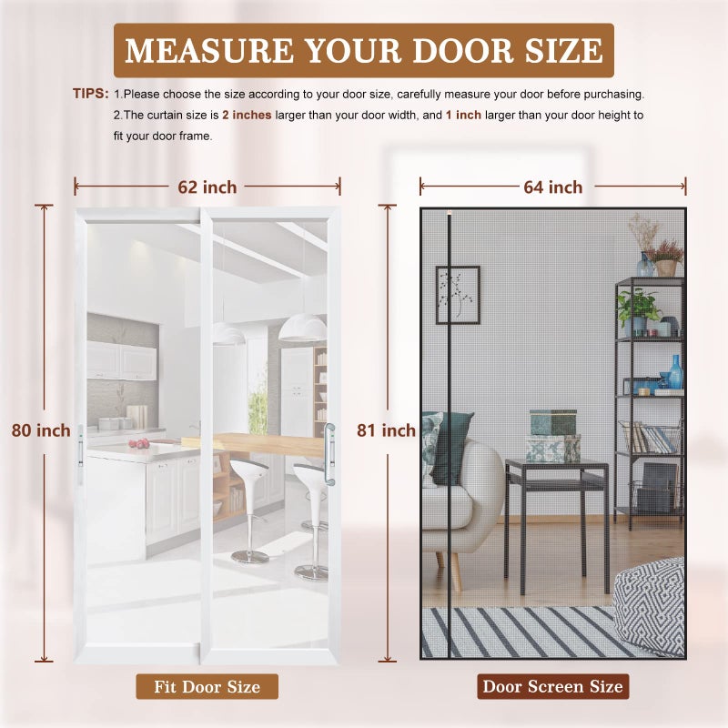 yotache Yotache Reversible Left Right Side Opening Magnetic Screen Door Fits Door Size 62 x 80, Enjoy Breeze Net Curtain for Front, Balcony, Patio Sliding Door, Actual Screen Size 64" x 81"  - Image 2