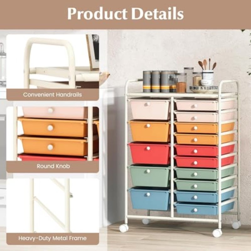 CICI-KSA 15-Drawer Rolling Storage Cart, Mobile Storage Cart with Universal Wheel and Metal Frame, Multipurpose Trolley Utility Cart, Craft Art Cart Organizer for Home Office School, 15 Drawer Cart - Image 5