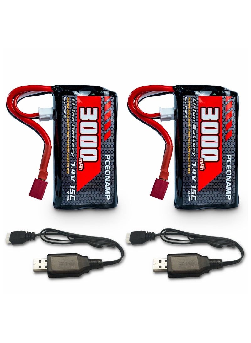 PCEONAMP 7.4V Li-ion Battery 3000mAh 2S with T Plug Rechargeable High Capacity RC Battery Fit for 4WD High Speed RC Cars and Most 1/10, 1/12, 1/16 Scale RC Cars Trucks with 2 USB Chargers - Image 1