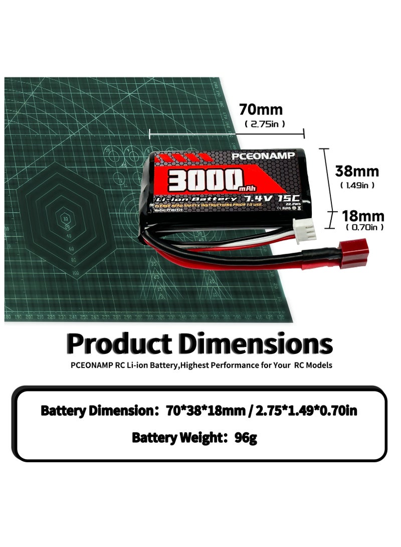 PCEONAMP 7.4V Li-ion Battery 3000mAh 2S with T Plug Rechargeable High Capacity RC Battery Fit for 4WD High Speed RC Cars and Most 1/10, 1/12, 1/16 Scale RC Cars Trucks with 2 USB Chargers - Image 2