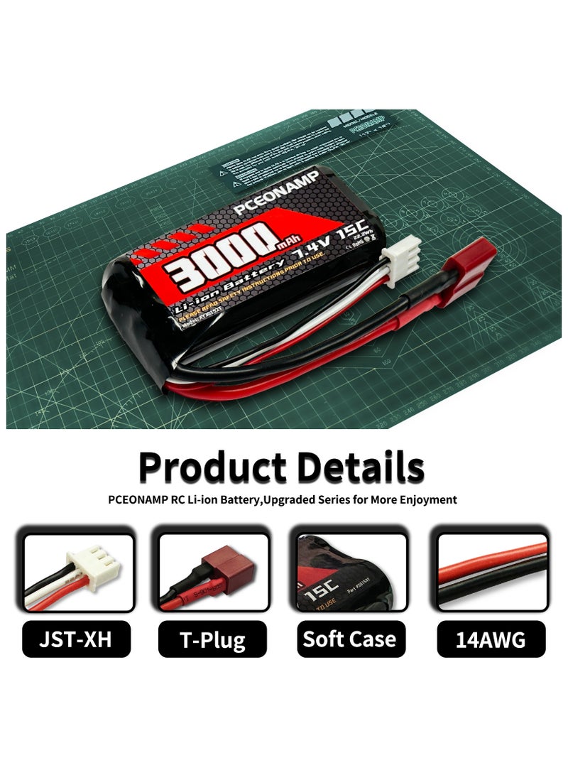 PCEONAMP 7.4V Li-ion Battery 3000mAh 2S with T Plug Rechargeable High Capacity RC Battery Fit for 4WD High Speed RC Cars and Most 1/10, 1/12, 1/16 Scale RC Cars Trucks with 2 USB Chargers - Image 3