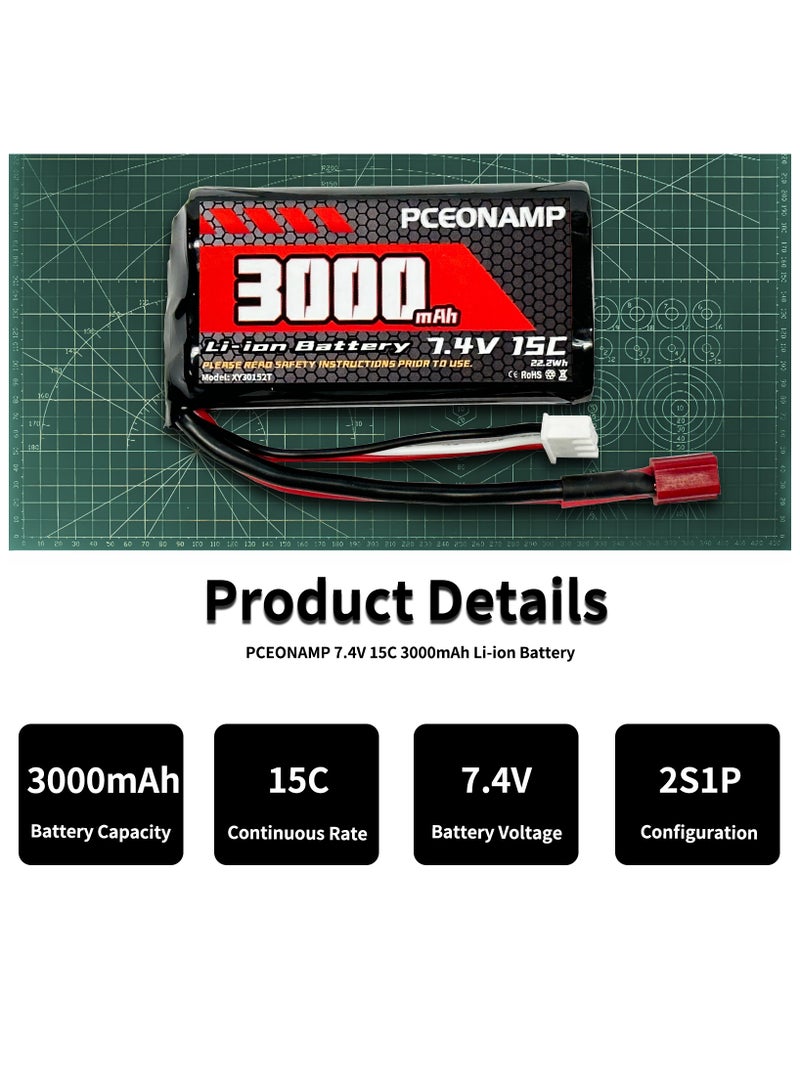 PCEONAMP 7.4V Li-ion Battery 3000mAh 2S with T Plug Rechargeable High Capacity RC Battery Fit for 4WD High Speed RC Cars and Most 1/10, 1/12, 1/16 Scale RC Cars Trucks with 2 USB Chargers - Image 4