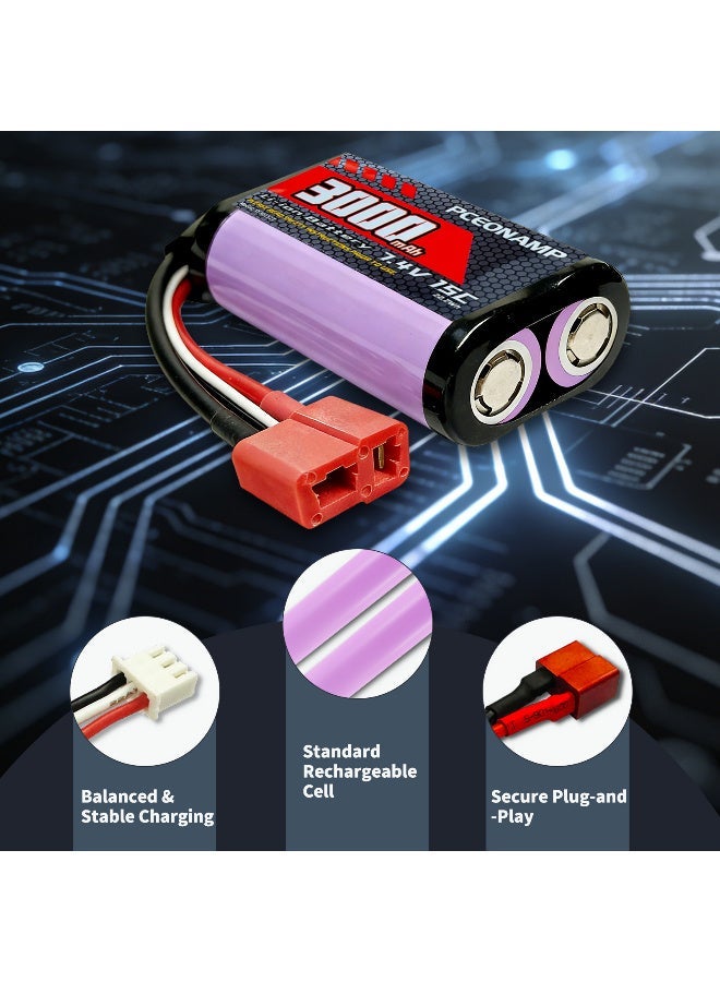 PCEONAMP 7.4V Li-ion Battery 3000mAh 2S with T Plug Rechargeable High Capacity RC Battery Fit for 4WD High Speed RC Cars and Most 1/10, 1/12, 1/16 Scale RC Cars Trucks with 2 USB Chargers - Image 3