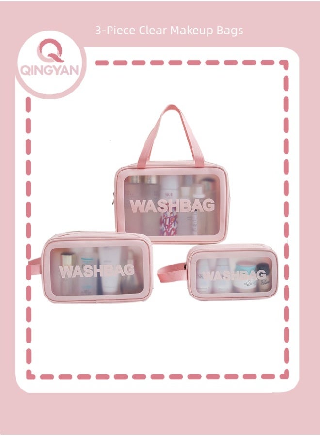 QINGYAN Cosmetic Bag,3 Pcs Toiletry Bag Makeup Bag Travel Bag Set for Toiletries, Portable Toiletry Bags for Traveling Women, Translucent Waterproof Make Up Bag for Travel and Bathroom (Pink) - Image 1