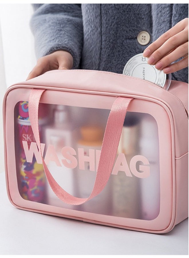QINGYAN Cosmetic Bag,3 Pcs Toiletry Bag Makeup Bag Travel Bag Set for Toiletries, Portable Toiletry Bags for Traveling Women, Translucent Waterproof Make Up Bag for Travel and Bathroom (Pink) - Image 5