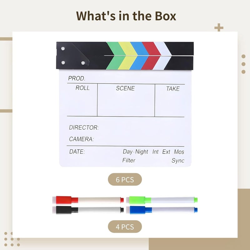 Dry-Erase Wooden Clapboard, Large 11.8 X 10.6 Inch Film Slate, Photography Director’S Prop with 4 Erasable Markers and Rainbow Stripes - Image 4