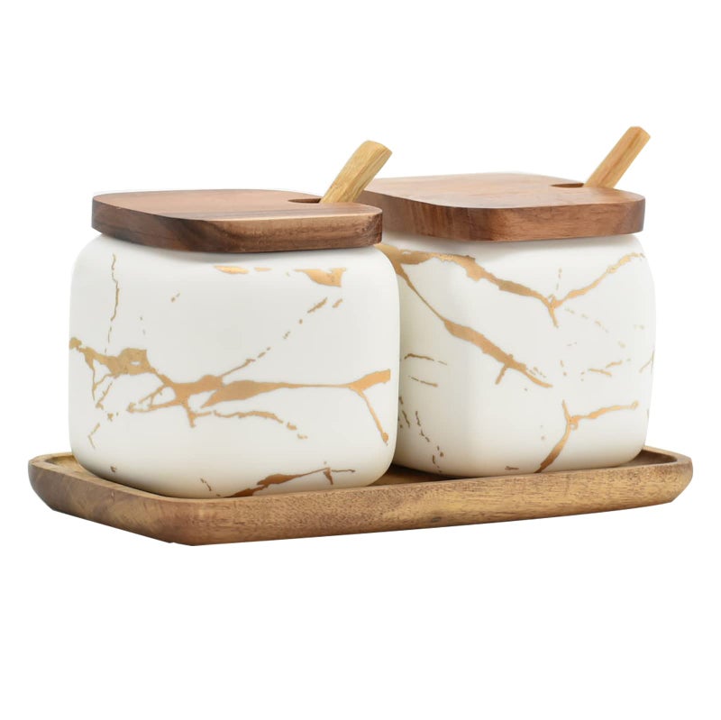 EIMQUVW EIMQUVW Sets of 2 Marble Ceramic Seasoning Jars Ceramic Sugar Salt bowl Condiment Pots with Wooden LidsWooden Spoon and Wooden TrayWhite 