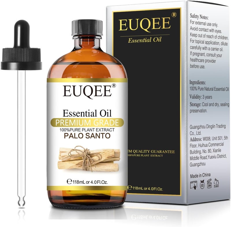 EUQEE Palo Santo Essential Oil 118mL Pure Palo Santo Oil Premium Essential Oil with Glass Dropper for Diffuser, Soap Candle Making - 4Fl. Oz