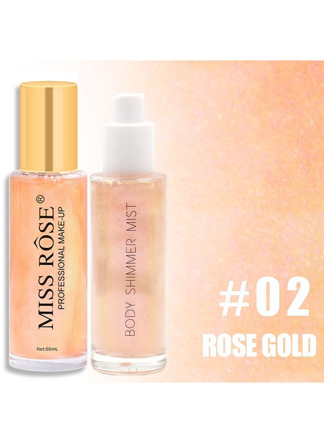 Miss Rose Body Shimmer Mist, Moisturizing Bronze Body Shimmer Luminizer Glow Illuminator Quick-Drying and Non-Sticky Liquid Highlighter Spray for Face Hair Glitter, 60ML -# 02 Rose Gold - Image 2