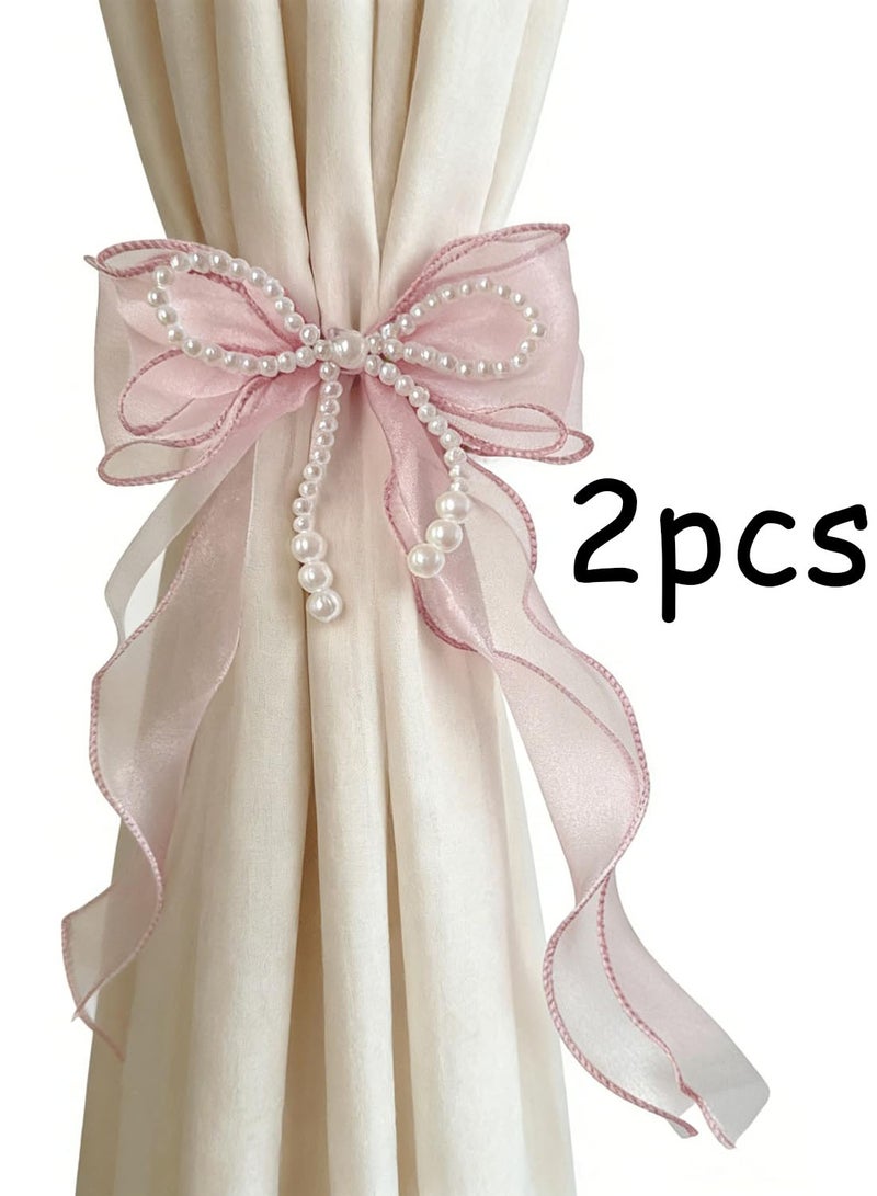 2PCS Pink Bow Curtain Tiebacks White Pearls Bowknot Curtain Holdbacks for Home Bedroom Living Room Wedding Decor - Image 1