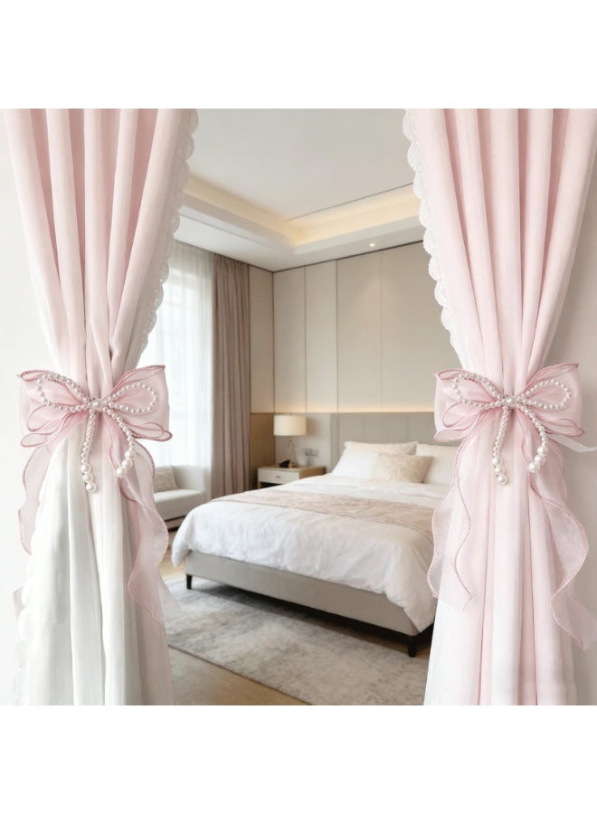 2PCS Pink Bow Curtain Tiebacks White Pearls Bowknot Curtain Holdbacks for Home Bedroom Living Room Wedding Decor - Image 4
