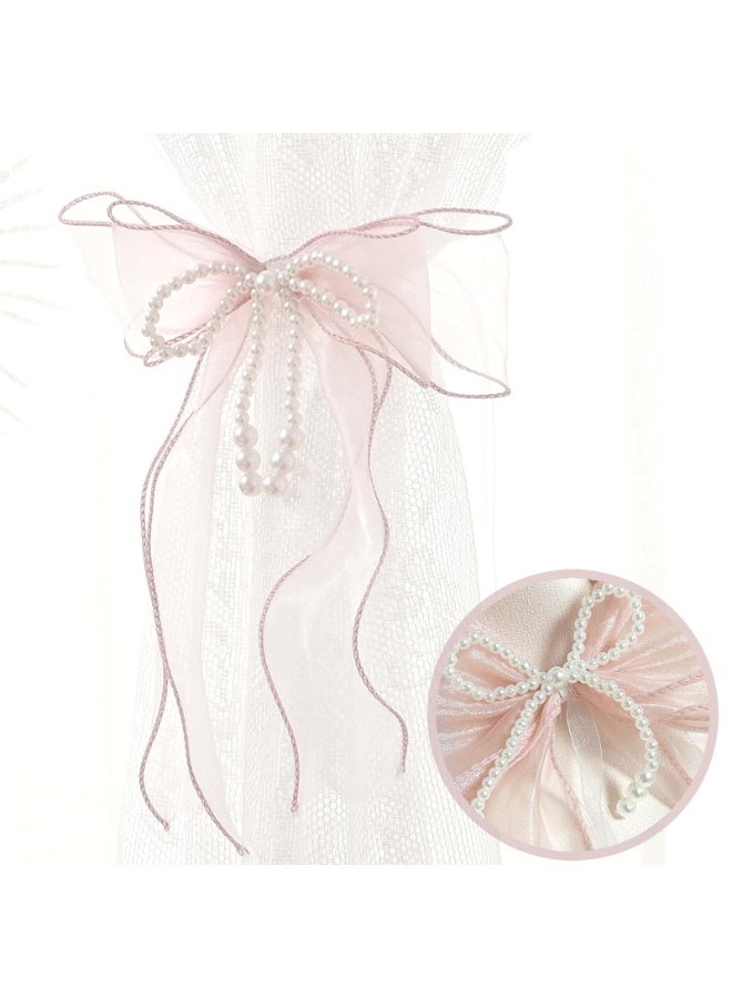 2PCS Pink Bow Curtain Tiebacks White Pearls Bowknot Curtain Holdbacks for Home Bedroom Living Room Wedding Decor - Image 3