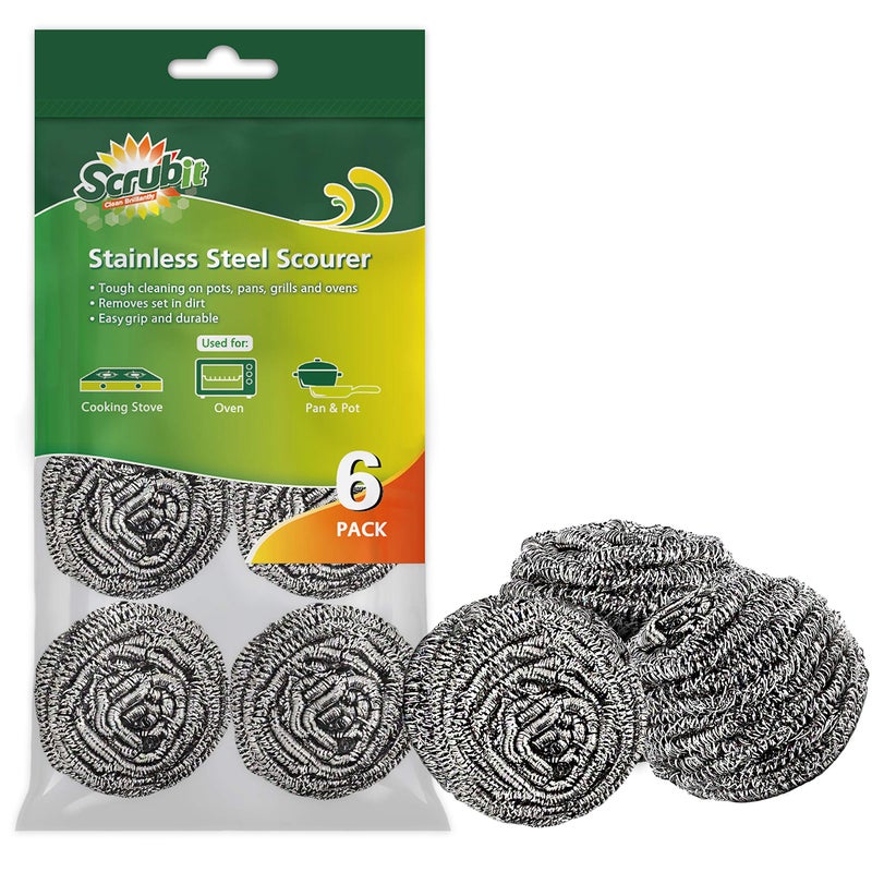 SCRUBIT 6 Pack Stainless Steel Scourers Steel Wool Scrubber Pad Used for Dishes Pots Pans and Ovens Easy scouring for Tough Kitchen Cleaning - Image 3