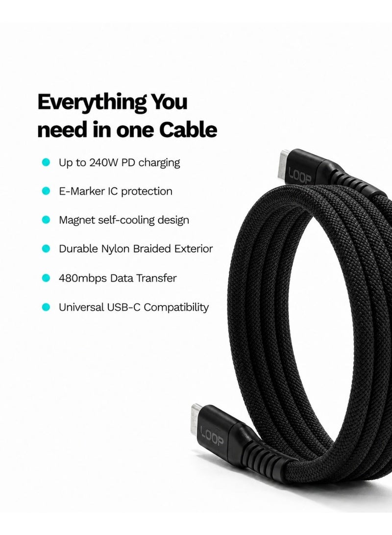 لووب كابل USB-C مغناطيسي من LOOP بقوة 240 واط، مضفر من النايلون وذو لف ذاتي، للشحن السريع لأجهزة MacBook وiPhone وSamsung (1 متر - أسود) - Image 2