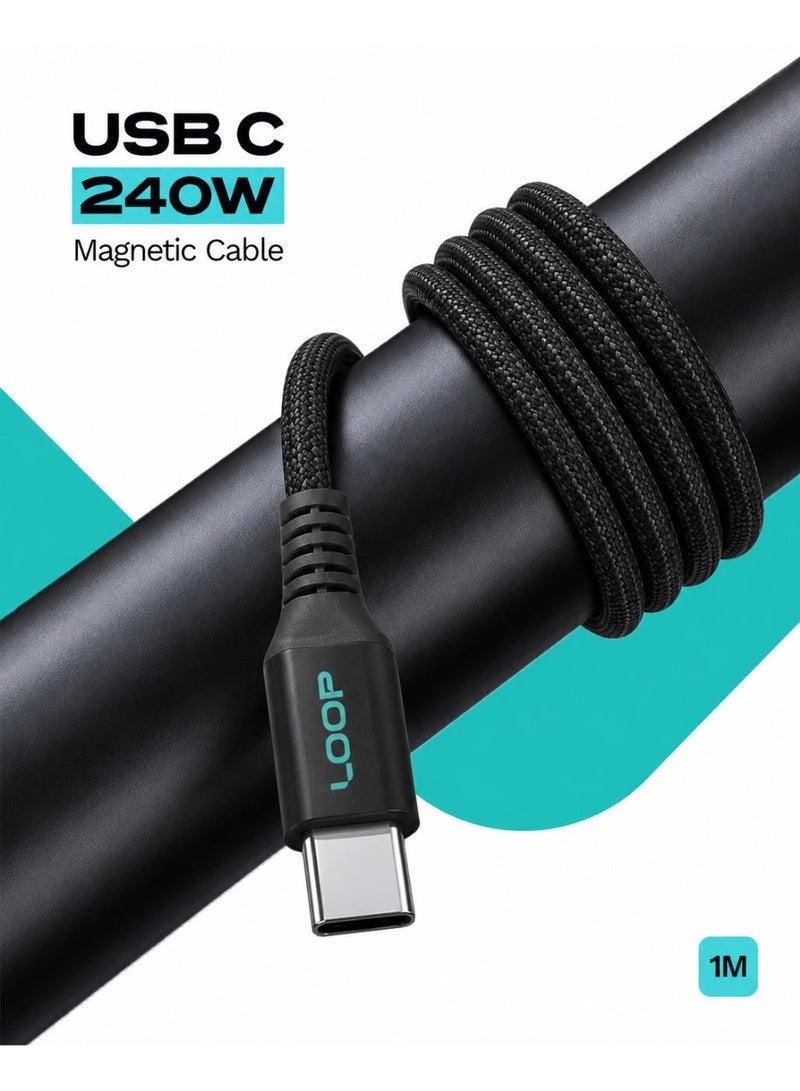 لووب كابل USB-C مغناطيسي من LOOP بقوة 240 واط، مضفر من النايلون وذو لف ذاتي، للشحن السريع لأجهزة MacBook وiPhone وSamsung (1 متر - أسود) - Image 1