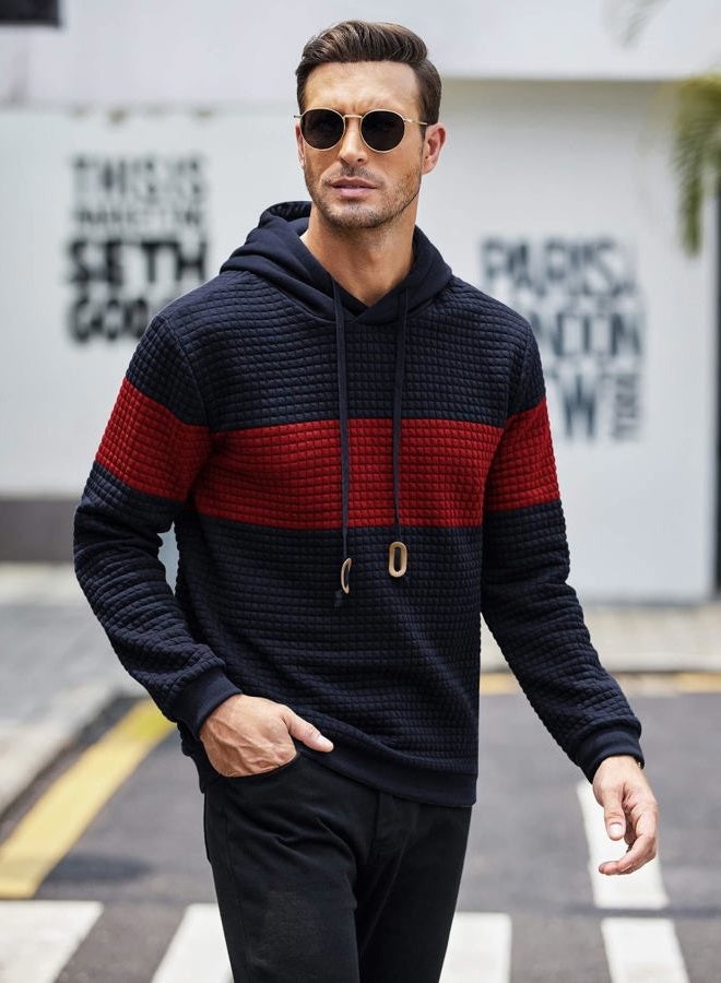 COOFANDY Mens Hooded Sweatshirt Casual Long Sleeve Drawstring Waffle Knit Pullover Hoodies, Pat9(navy Blue&wine Red), L - Image 3