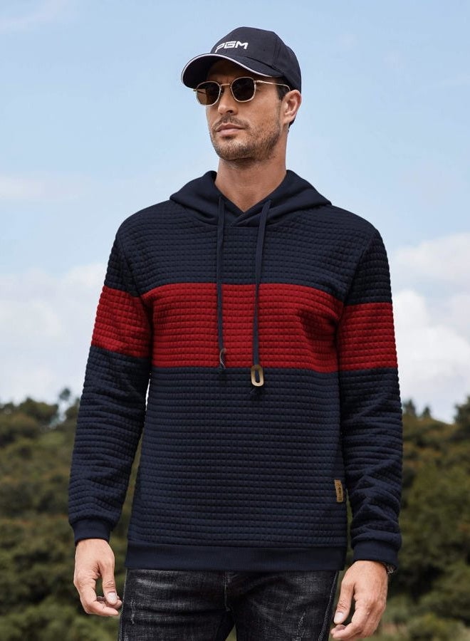 COOFANDY Mens Hooded Sweatshirt Casual Long Sleeve Drawstring Waffle Knit Pullover Hoodies, Pat9(navy Blue&wine Red), L - Image 5