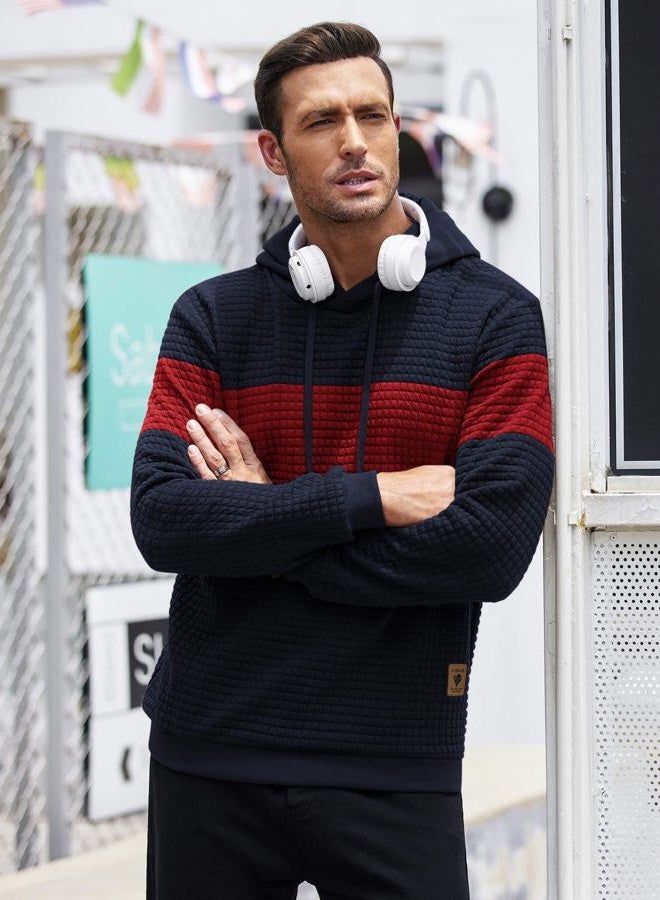 COOFANDY Mens Hooded Sweatshirt Casual Long Sleeve Drawstring Waffle Knit Pullover Hoodies, Pat9(navy Blue&wine Red), L - Image 2