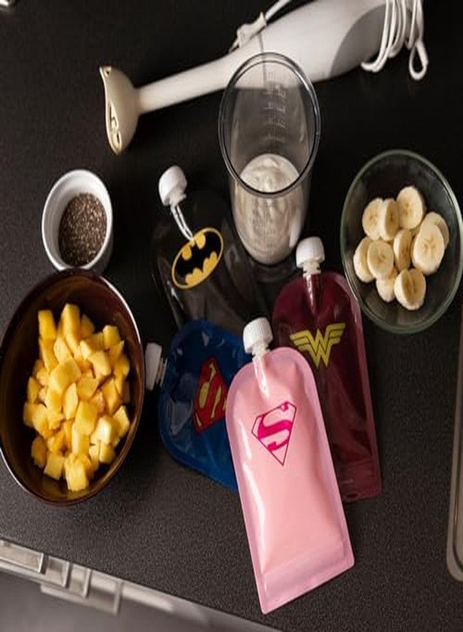 هيروبيليتي أكياس طعام هيروبيليتي دي سي كوميكس 180 مل / 6 أونصة سائلة - أكياس ضغط للأطفال، قابلة لإعادة الاستخدام، مستدامة، تصميم مانع للتسرب، قفل بسحاب مزدوج، خالية من مادة BPA - عبوة من 3 قطع - Image 2