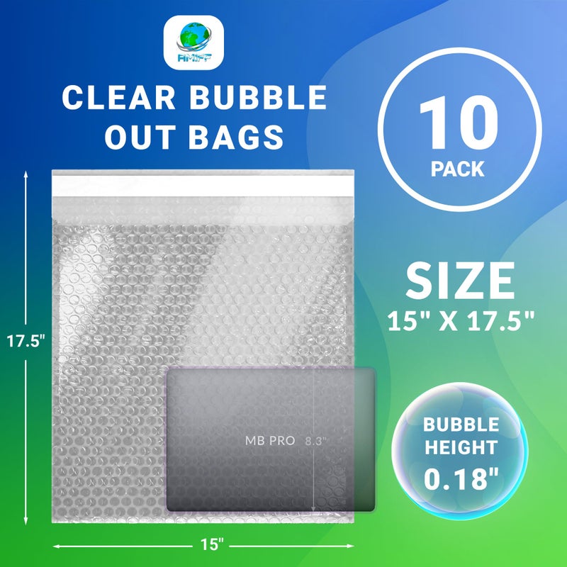 AMIFF Clear Bubble Out Bags, 15 x 17.5 Inches. 10 Pack Self Seal Bubble Pouches. Polyethylene Clear Bubble Bags for Packing. Waterproof Clear Bubble Out Pouches for Fragile Things - Image 2