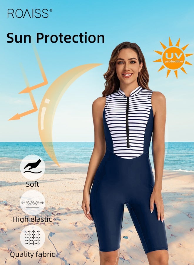 roaiss Sleeveless Vest Surf Suit for Women Racerback One Piece Swimsuit Knee Length Zip Front Sports Bathing Suit Ladies Conservative Sun Protection Beachwear Wetsuit with Collar and Chest Pad Navy Blue White Stripe  - Image 4