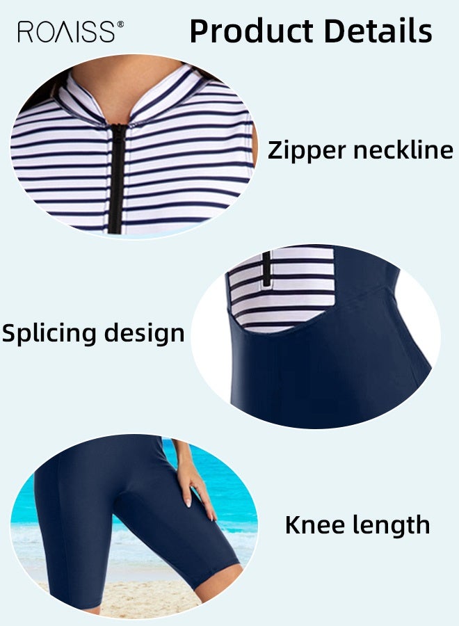 roaiss Sleeveless Vest Surf Suit for Women Racerback One Piece Swimsuit Knee Length Zip Front Sports Bathing Suit Ladies Conservative Sun Protection Beachwear Wetsuit with Collar and Chest Pad Navy Blue White Stripe  - Image 5
