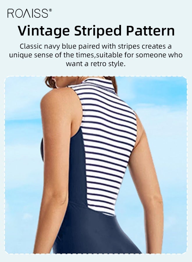 roaiss Sleeveless Vest Surf Suit for Women Racerback One Piece Swimsuit Knee Length Zip Front Sports Bathing Suit Ladies Conservative Sun Protection Beachwear Wetsuit with Collar and Chest Pad Navy Blue White Stripe  - Image 3