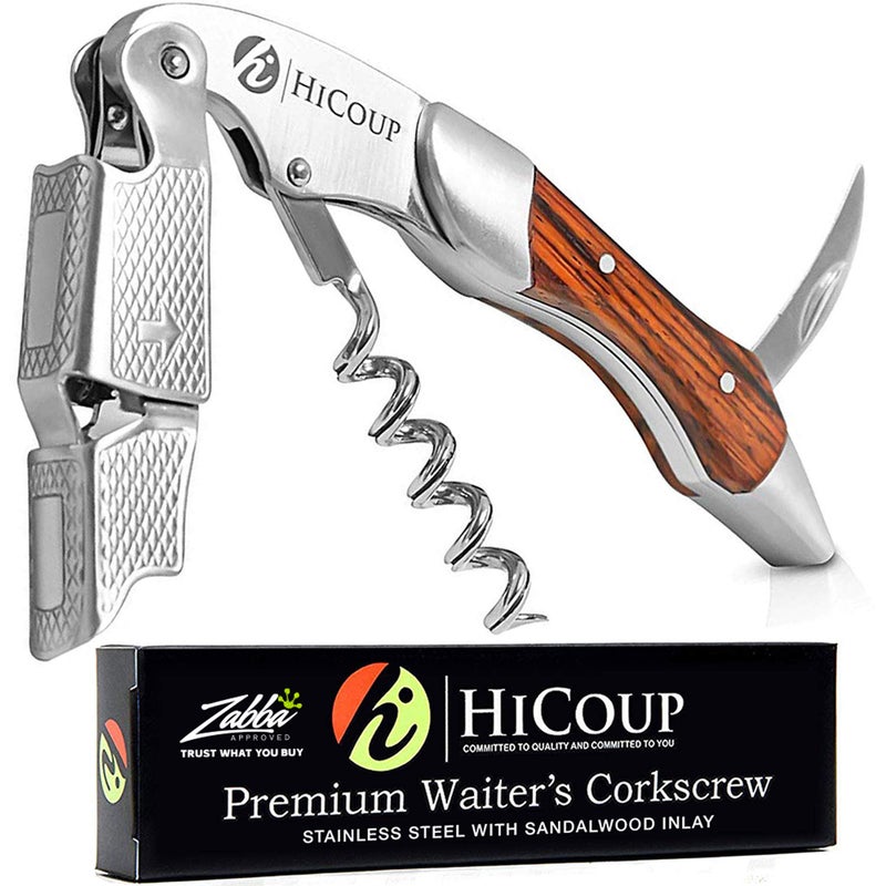 HiCoup Kitchenware Hicoup Wine Opener  Professional Corkscrews for Wine Bottles wFoil Cutter and Cap Remover  Manual Wine Key for Servers Waiters Bartenders and Home Use  Stainless Steel With Sandalwood 
