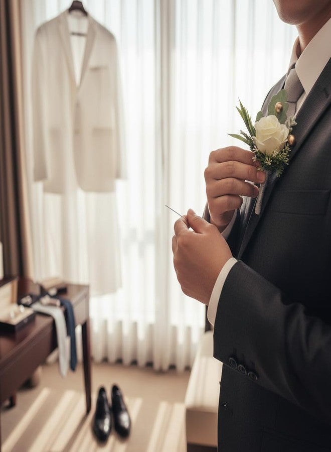 Jowxsx 2Pcs Roses Boutonniere for Men Wedding, Groom Groomsman Artificial White Rose Flowers with pins for Wedding Anniversary Celebration,Prom,Party,Home Decoration Artificial Flowers - Image 5
