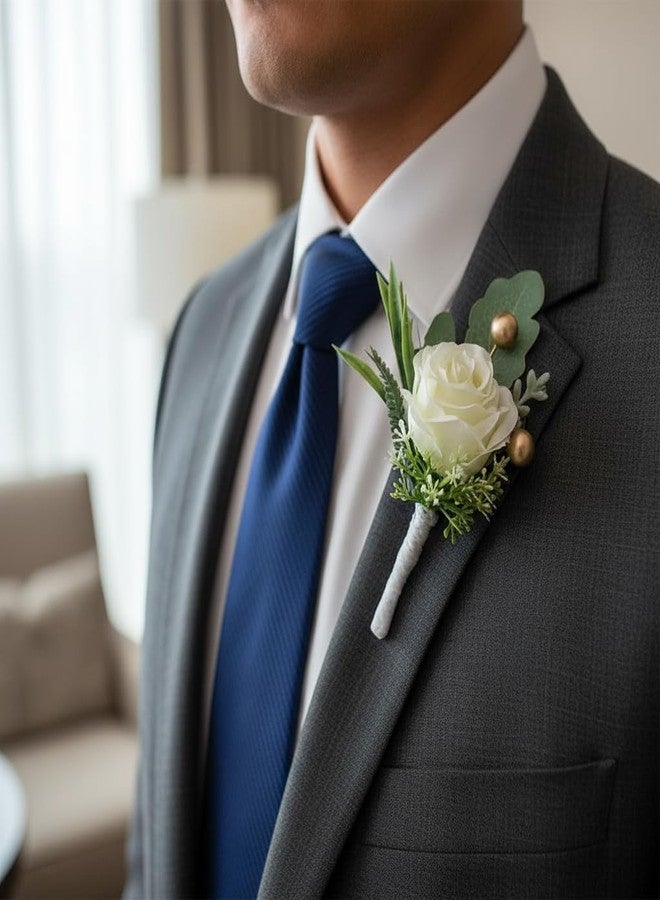 Jowxsx 2Pcs Roses Boutonniere for Men Wedding, Groom Groomsman Artificial White Rose Flowers with pins for Wedding Anniversary Celebration,Prom,Party,Home Decoration Artificial Flowers - Image 2