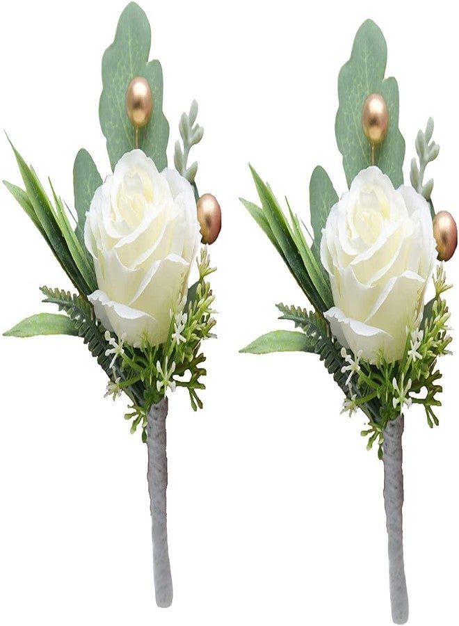 Jowxsx 2Pcs Roses Boutonniere for Men Wedding, Groom Groomsman Artificial White Rose Flowers with pins for Wedding Anniversary Celebration,Prom,Party,Home Decoration Artificial Flowers - Image 1