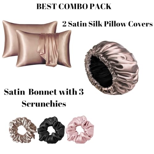 Candibella’s Satin Silk Pillow Covers for Hair and Skin, Best Combo Pack of 2 Satin Pillow Cover with 3 Satin Scrunchies & Silk Bonnet, Silk Hair Cap for Sleeping - Image 4