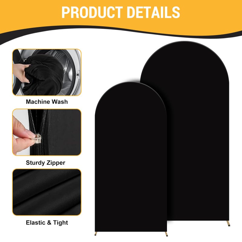 JCJ Arch Backdrop Cover 7.2FT 6FT, Black Wedding Round Top Chiara Arch Stand Cover Set of 2 Stretchy Backdrop with Zipper Spandex Fitted Arch Cover for Birthday Party Decoration - Image 3