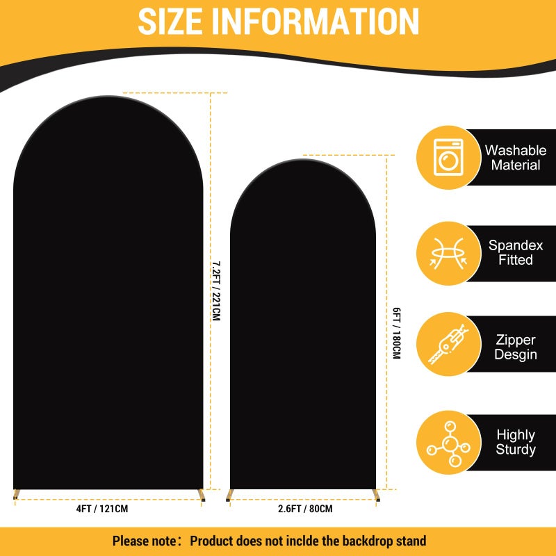 JCJ Arch Backdrop Cover 7.2FT 6FT, Black Wedding Round Top Chiara Arch Stand Cover Set of 2 Stretchy Backdrop with Zipper Spandex Fitted Arch Cover for Birthday Party Decoration - Image 4