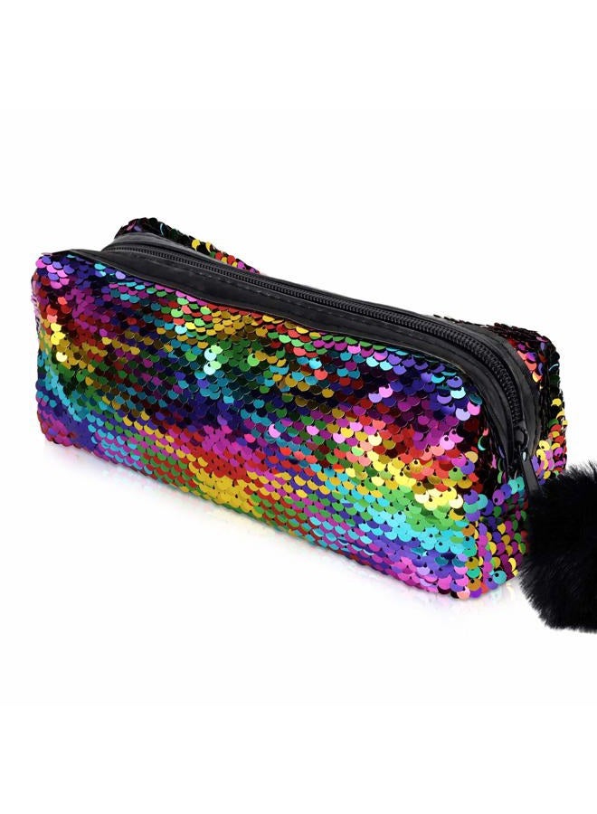Phogary Sequins Pencil Case for Girls, Large Capacity Glitter Pen Case Organizer, Portable Pencil Pouch Students Girls Pencilcase, Women Make Up Pouch, Pencil Bags with Fluffy Zipper (Rainbow)  - Image 1
