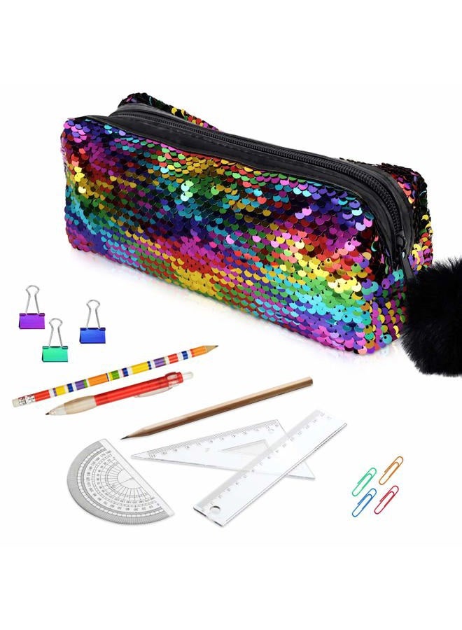 Phogary Sequins Pencil Case for Girls, Large Capacity Glitter Pen Case Organizer, Portable Pencil Pouch Students Girls Pencilcase, Women Make Up Pouch, Pencil Bags with Fluffy Zipper (Rainbow)  - Image 5