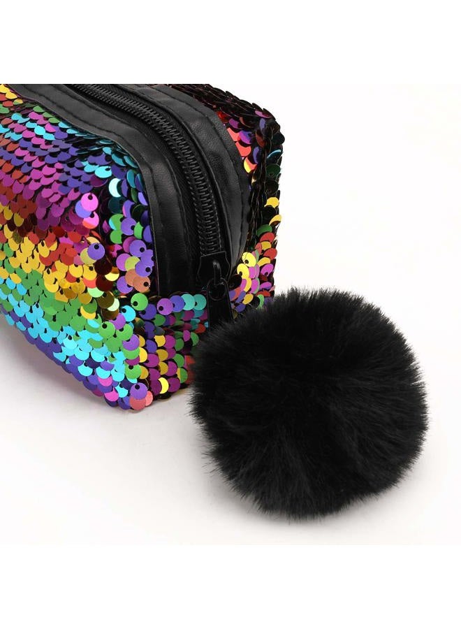 Phogary Sequins Pencil Case for Girls, Large Capacity Glitter Pen Case Organizer, Portable Pencil Pouch Students Girls Pencilcase, Women Make Up Pouch, Pencil Bags with Fluffy Zipper (Rainbow)  - Image 3