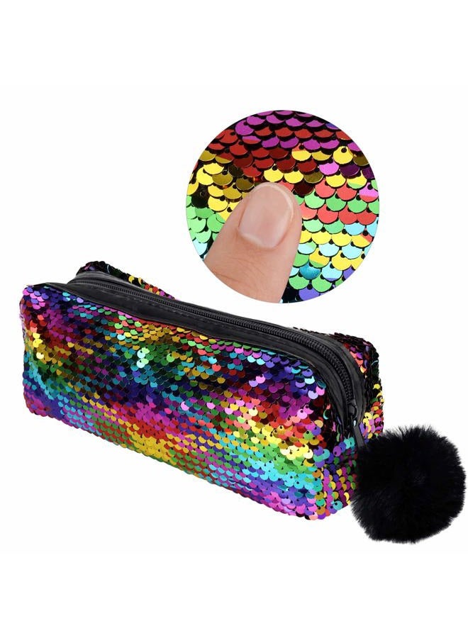 Phogary Sequins Pencil Case for Girls, Large Capacity Glitter Pen Case Organizer, Portable Pencil Pouch Students Girls Pencilcase, Women Make Up Pouch, Pencil Bags with Fluffy Zipper (Rainbow)  - Image 2