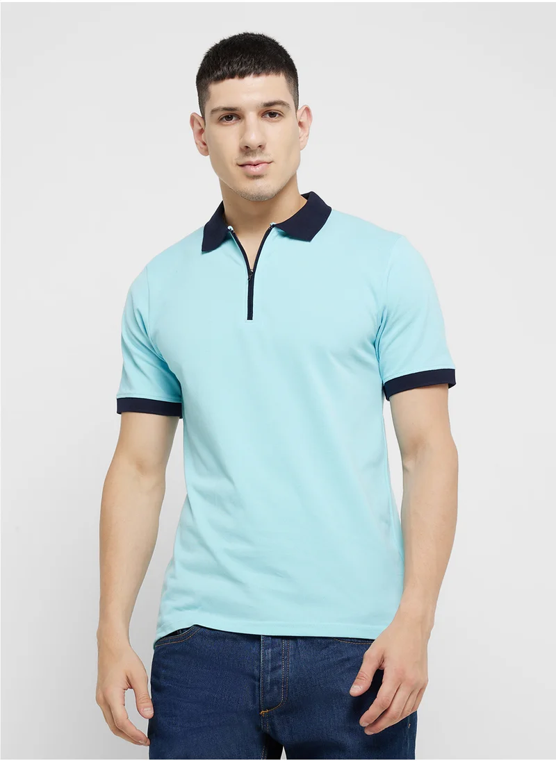 سفنتي فايف Contrast Collar Zip Up Polo Shirt