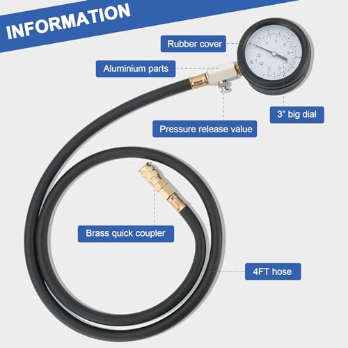 DASBET Engine Oil Pressure Tester Tool 0-140 PSI Engine Cylinder Oil Pressure Gauge Kit Oil Diagnostic Testing Set with Hose Adapters for Cars ATV Trucks - Image 3