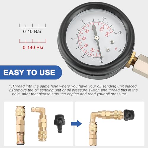 DASBET Engine Oil Pressure Tester Tool 0-140 PSI Engine Cylinder Oil Pressure Gauge Kit Oil Diagnostic Testing Set with Hose Adapters for Cars ATV Trucks - Image 5