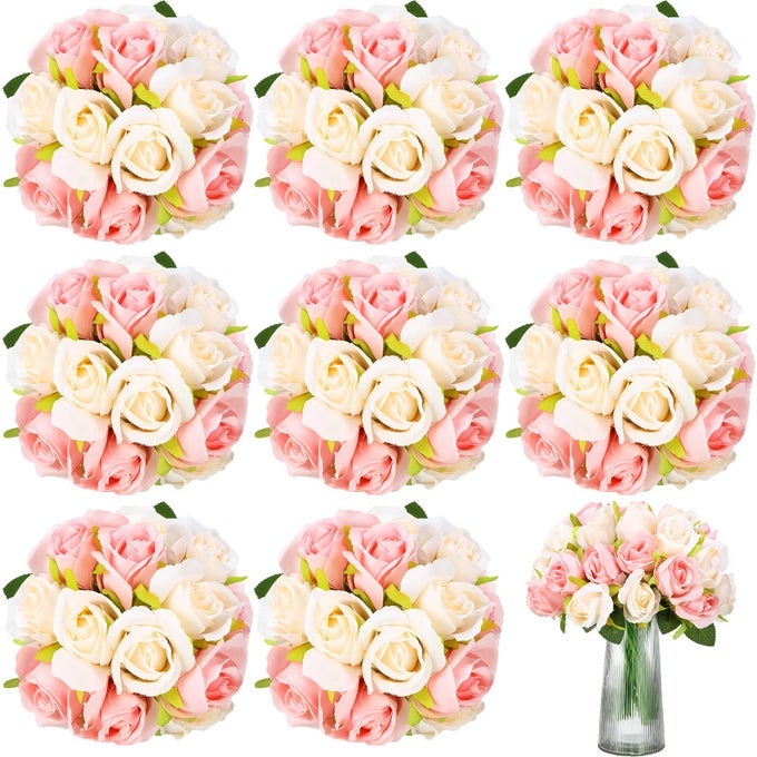 72 HEADS PINK ARTIFICIAL ROSE FLOWERS 6 BOUQUET WEDDING DECORATION FAUX FLOWER ARRANGEMENT BOUQUET WITH STEM BRIDAL SHOWER GIFT FLORAL CENTERPIECE FOR TABLES
