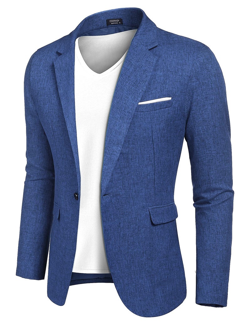 COOFANDY Men Suit Jacket Linen Slim Fit Sport Coat Business Fashion Daily Blazer Royal Blue - Image 1