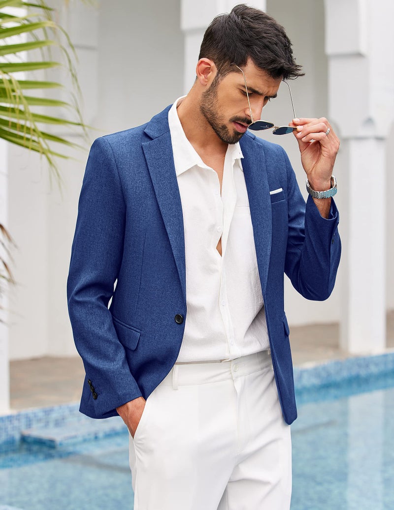 COOFANDY Men Suit Jacket Linen Slim Fit Sport Coat Business Fashion Daily Blazer Royal Blue - Image 2