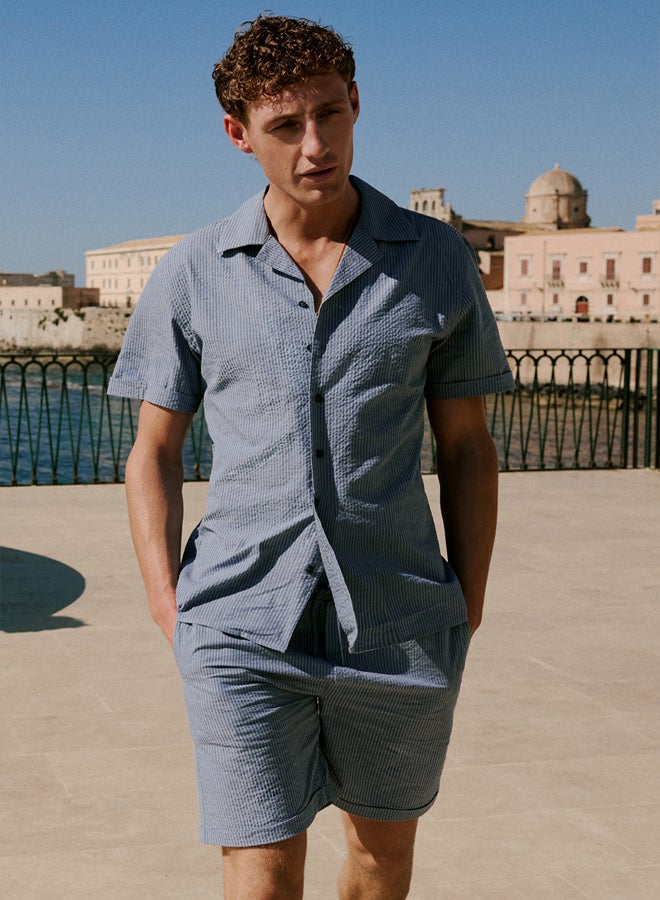 trendyol Blue Regular Fit Seersucker Textured Summer Striped Shirt - Image 1