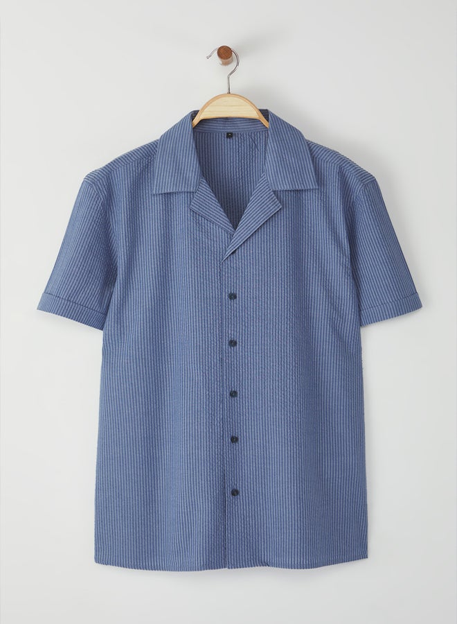 trendyol Blue Regular Fit Seersucker Textured Summer Striped Shirt - Image 2